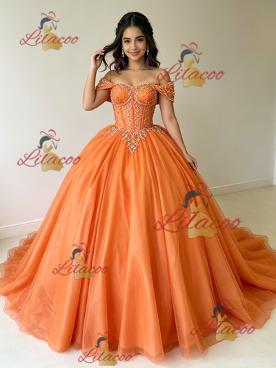 Orange Tulle Off the Shoulder Beading Quinceanera Dress