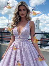 Purple Lace V-neck Prom Dress