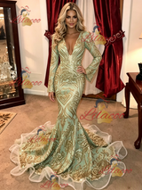 Green Mermaid Sequins Long Sleeve Prom Dress