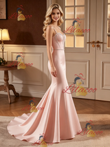 Pink Mermaid Satin Straps Beading Wedding Dress