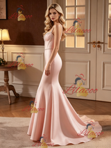 Pink Mermaid Satin Straps Beading Wedding Dress