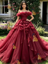 Burgundy Tulle Off the Shoulder Flower Quinceanera Dress