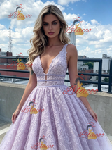 Purple Lace V-neck Prom Dress