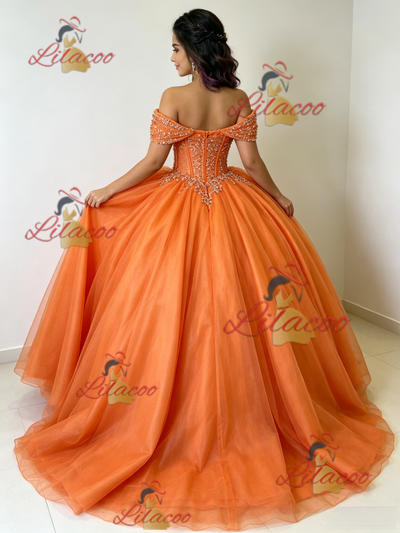 Orange Tulle Off the Shoulder Beading Quinceanera Dress