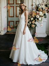 White Satin V-neck Pleats Wedding Dress