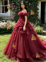 Burgundy Tulle Off the Shoulder Flower Quinceanera Dress