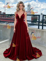 Burgundy Velvet Spaghetti Straps Prom Dress