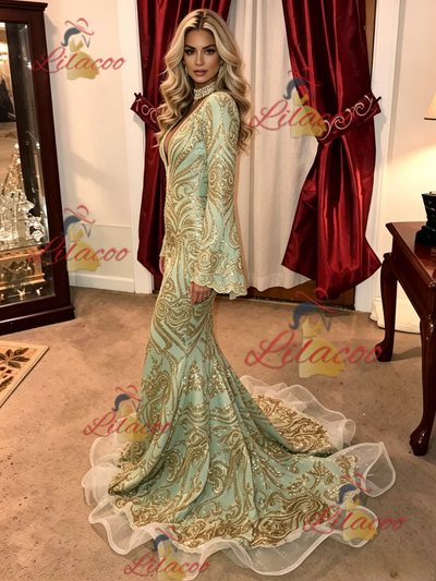 Green Mermaid Sequins Long Sleeve Prom Dress