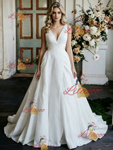 White Satin V-neck Pleats Wedding Dress
