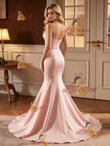 Pink Mermaid Satin Straps Beading Wedding Dress