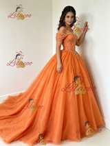 Orange Tulle Off the Shoulder Beading Quinceanera Dress
