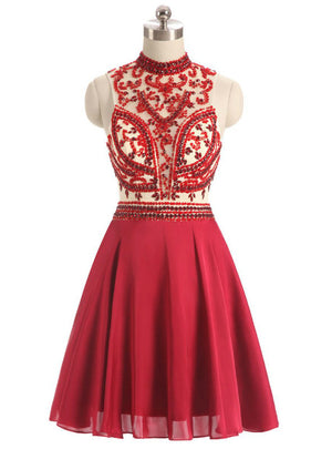 Red Chiffon Beading Crystal Homecoming Dress