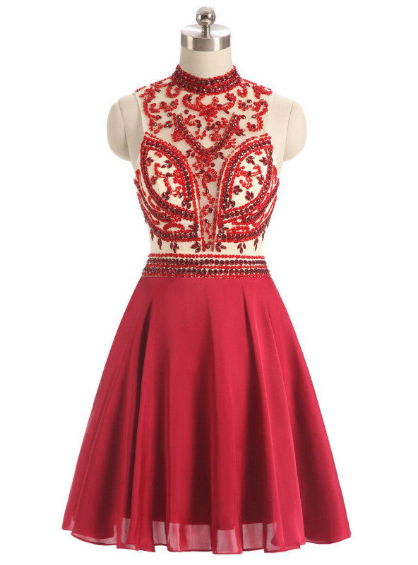 Red Chiffon Beading Crystal Homecoming Dress