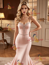 Pink Mermaid Satin Straps Beading Wedding Dress