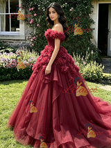 Burgundy Tulle Off the Shoulder Flower Quinceanera Dress