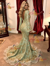 Green Mermaid Sequins Long Sleeve Prom Dress