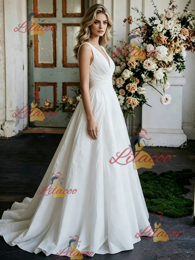 White Satin V-neck Pleats Wedding Dress