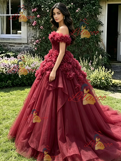 Burgundy Tulle Off the Shoulder Flower Quinceanera Dress