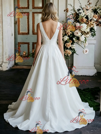 White Satin V-neck Pleats Wedding Dress