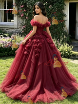 Burgundy Tulle Off the Shoulder Flower Quinceanera Dress
