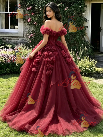 Burgundy Tulle Off the Shoulder Flower Quinceanera Dress