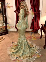 Green Mermaid Sequins Long Sleeve Prom Dress