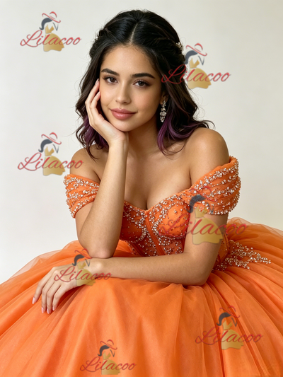 Orange Tulle Off the Shoulder Beading Quinceanera Dress