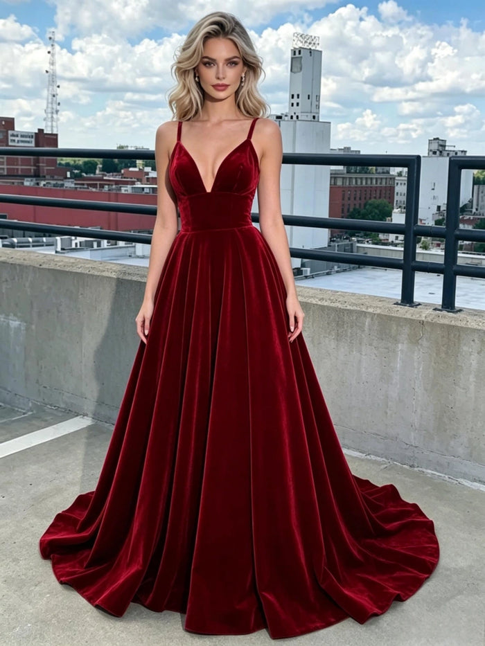 Burgundy Velvet Spaghetti Straps Prom Dress