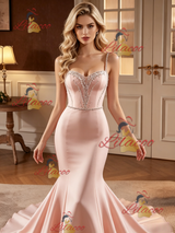 Pink Mermaid Satin Straps Beading Wedding Dress
