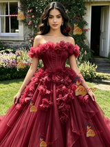 Burgundy Tulle Off the Shoulder Flower Quinceanera Dress
