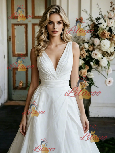 White Satin V-neck Pleats Wedding Dress