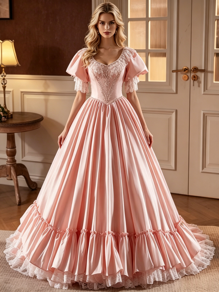 Pink Satin Lace Puff Sleeve Beading Wedding Dress