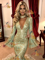Green Mermaid Sequins Long Sleeve Prom Dress