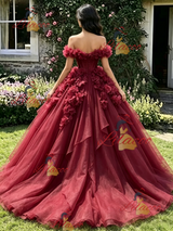 Burgundy Tulle Off the Shoulder Flower Quinceanera Dress