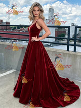 Burgundy Velvet Spaghetti Straps Prom Dress