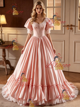 Pink Satin Lace Puff Sleeve Beading Wedding Dress