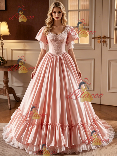 Pink Satin Lace Puff Sleeve Beading Wedding Dress
