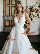 White Satin V-neck Pleats Wedding Dress