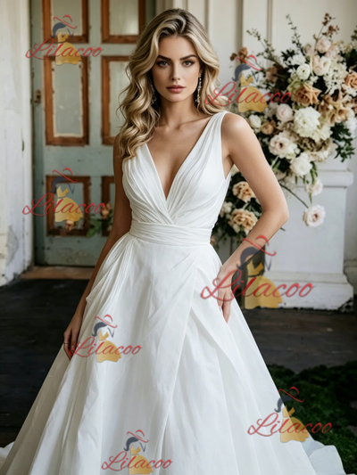 White Satin V-neck Pleats Wedding Dress