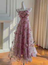 Pink Tulle Print 3D Flower Prom Dress