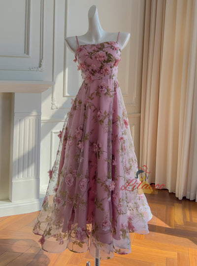 Pink Tulle Print 3D Flower Prom Dress