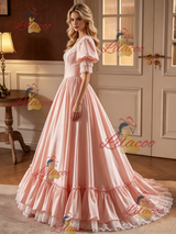 Pink Satin Lace Puff Sleeve Beading Wedding Dress