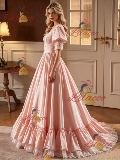 Pink Satin Lace Puff Sleeve Beading Wedding Dress