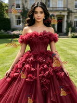 Burgundy Tulle Off the Shoulder Flower Quinceanera Dress