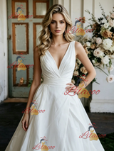 White Satin V-neck Pleats Wedding Dress