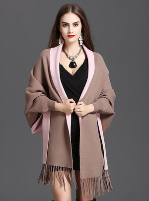 Large Size Fringed Knitted Double Cardigan Shawl