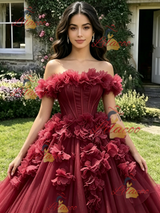 Burgundy Tulle Off the Shoulder Flower Quinceanera Dress