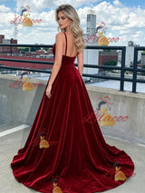 Burgundy Velvet Spaghetti Straps Prom Dress
