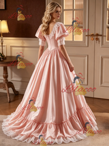 Pink Satin Lace Puff Sleeve Beading Wedding Dress