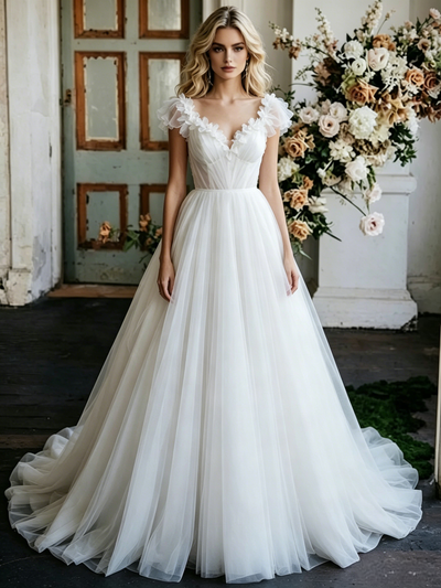 White Tulle V-neck Flower Wedding Dress